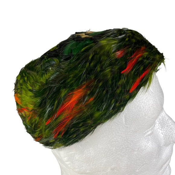 Handmade Vintage Pheasant Pillbox Style Casque Hat Cap Green Dyed High Fashion - Picture 4 of 11